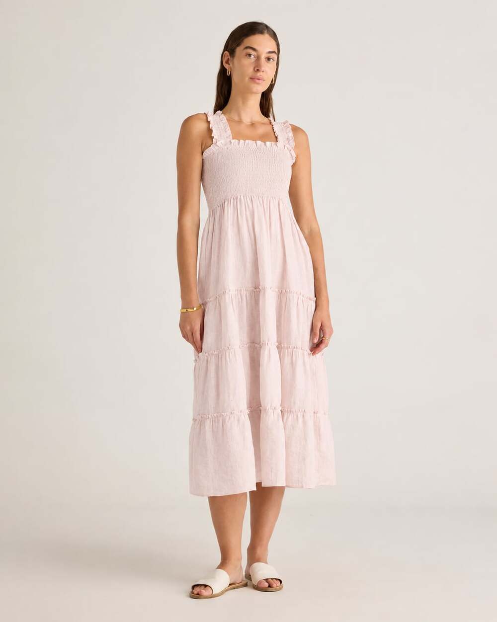 Quince European Linen Smocked Midi Dress Size M Pale Pink